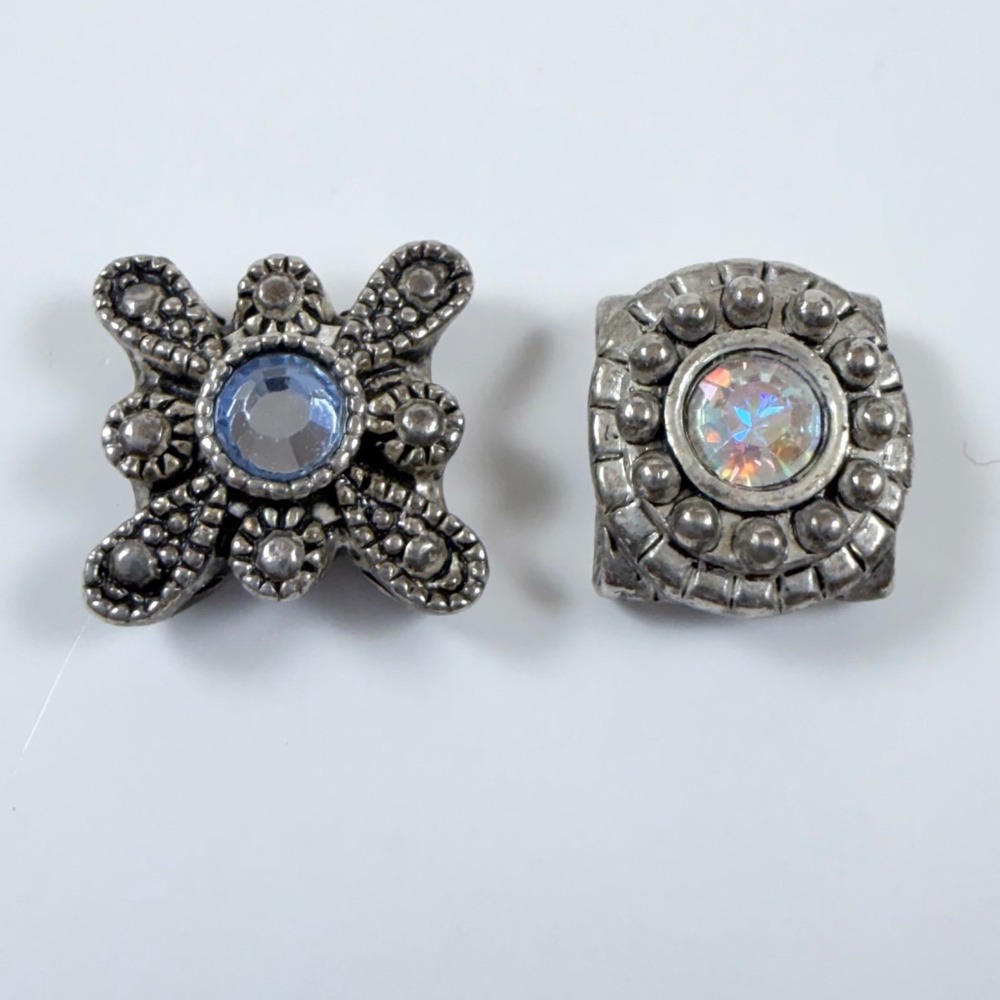 Antiqued Silver Tone Slide Bracelet Charm Lot Aqua Rhinestone AB Glass Spacer